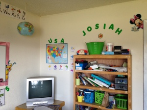 All of our school supplies, journals, and text books, and our geography corner.